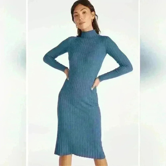 JustFab Woman's Mock Neck Midi Rib Dress in Stormy Grey Size Large - Picture 1 of 9